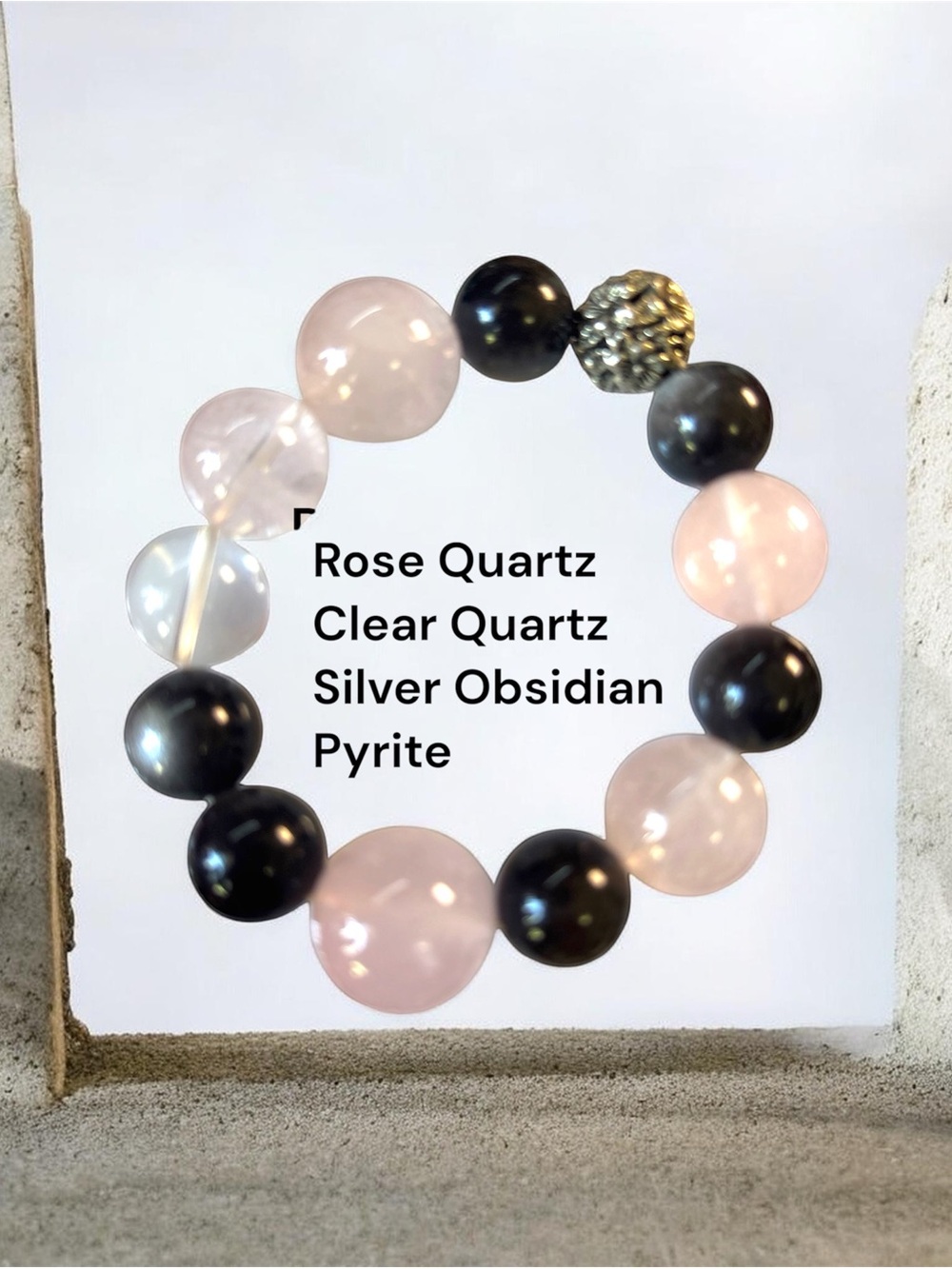 Rose Quartz, Clear Quartz Pyrite and Silver Obsidian Beaded Bracelet by Mimi